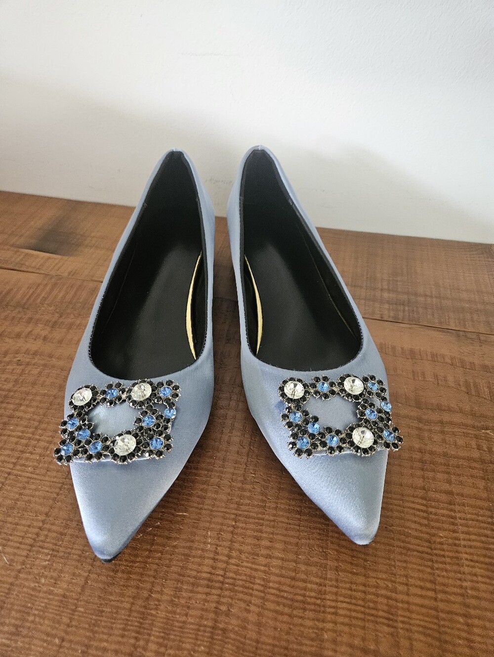 Pointed Satin Flats with Crystal Brooch - Light Blue